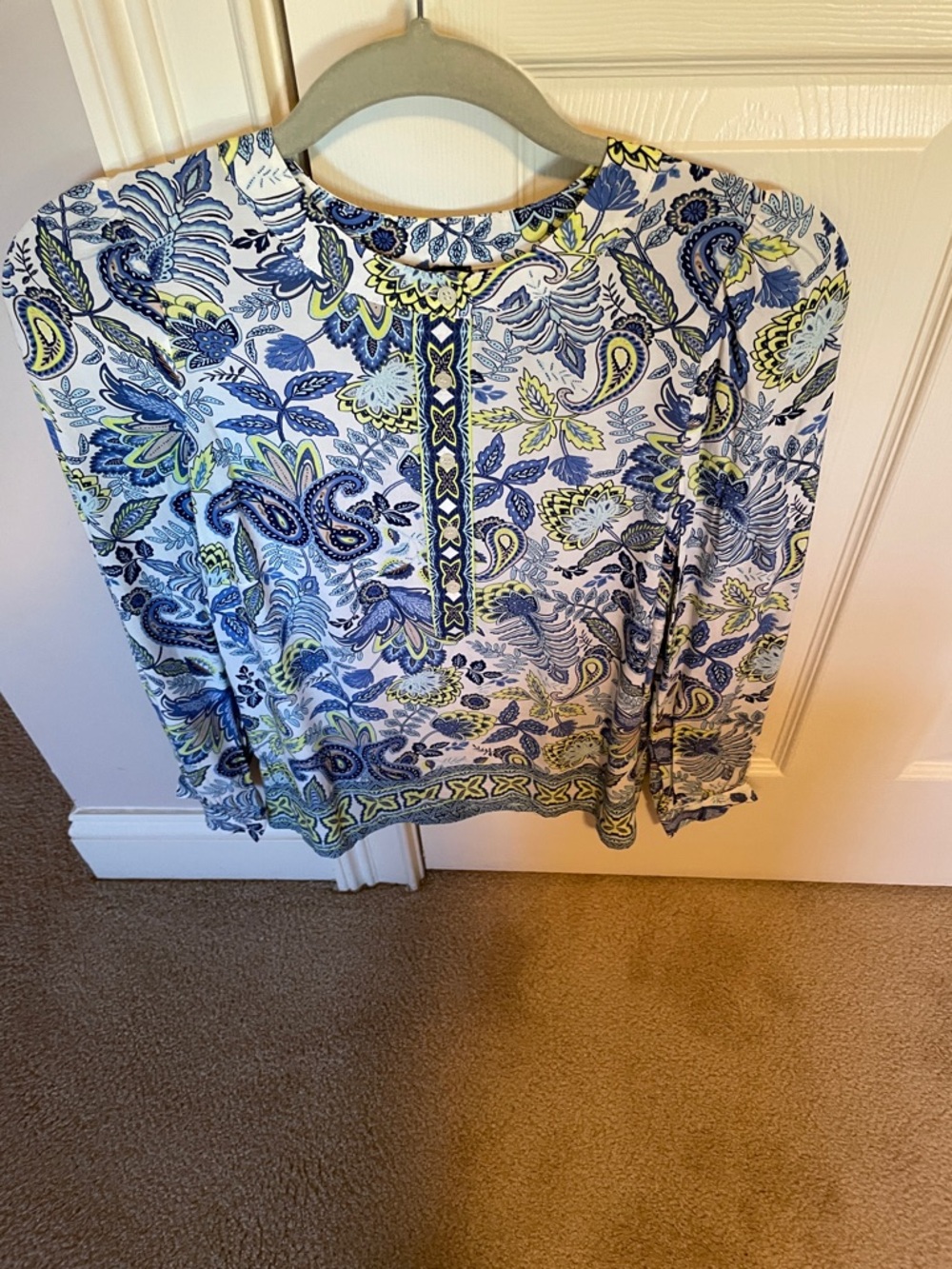 Talbots Blue, White and Chartreuse Paisley Long-Sleeve Blouse